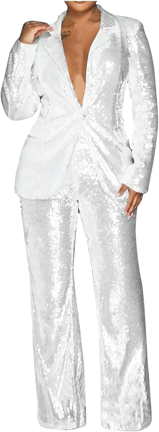 Sequins Blazer Sets for Women 2 Piece Set Slim Fit Long Sleeve Open Front Pant Suits Sparkly Disco Party Outfits