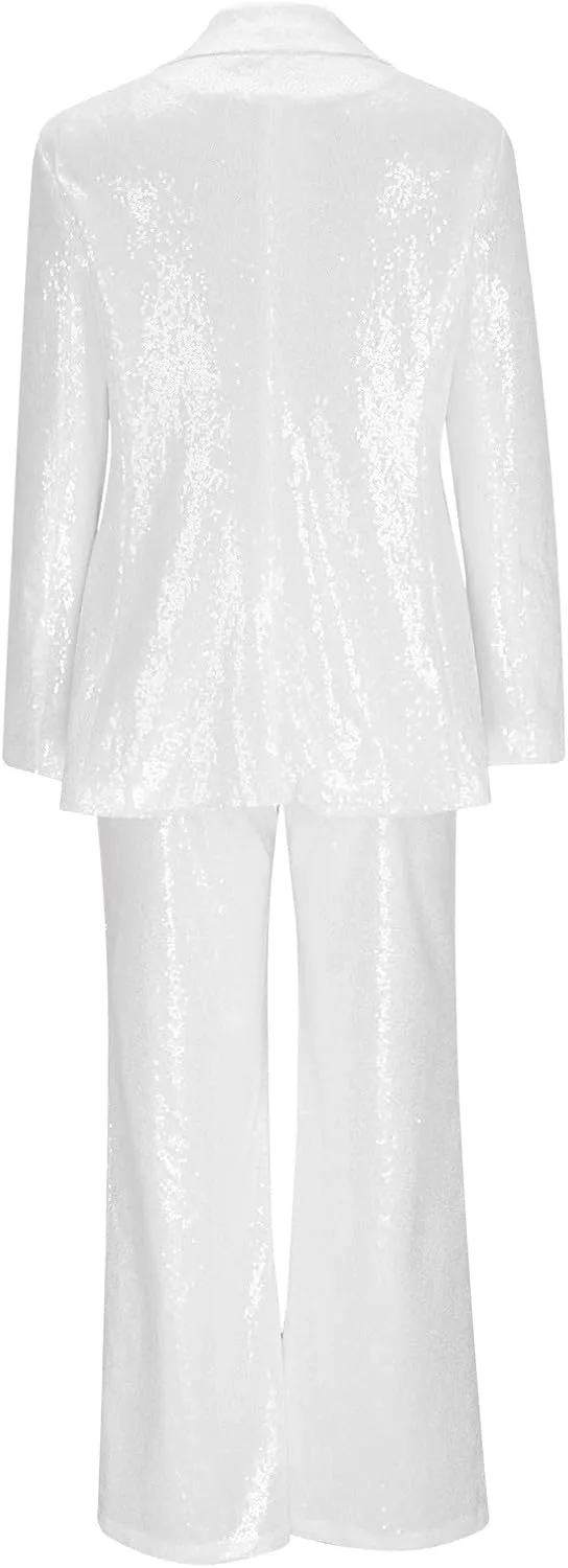 Sequins Blazer Sets for Women 2 Piece Set Slim Fit Long Sleeve Open Front Pant Suits Sparkly Disco Party Outfits