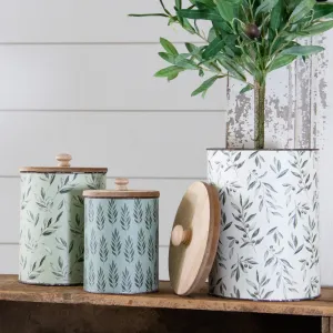 Set of 3 Olive Branches Metal Canister With Wooden Lid