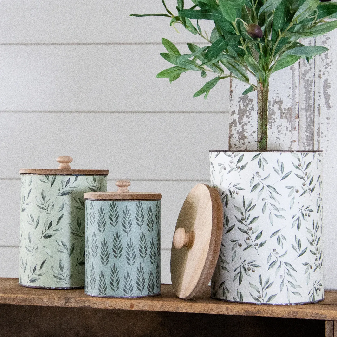 Set of 3 Olive Branches Metal Canister With Wooden Lid
