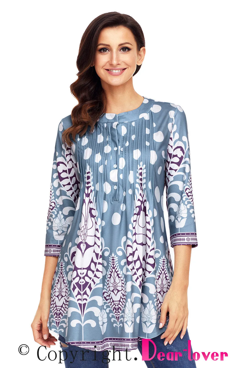Sexy Light Blue White Floral Print Flowy Blouse
