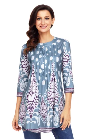 Sexy Light Blue White Floral Print Flowy Blouse