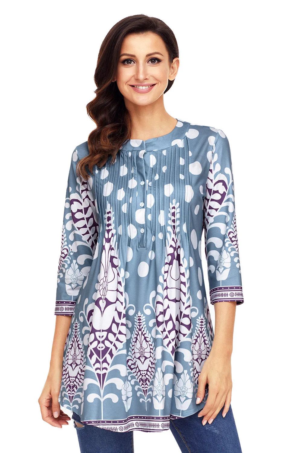 Sexy Light Blue White Floral Print Flowy Blouse