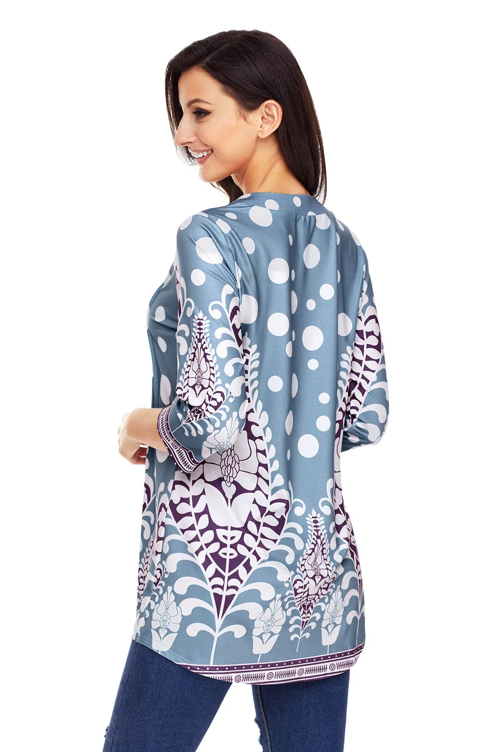 Sexy Light Blue White Floral Print Flowy Blouse