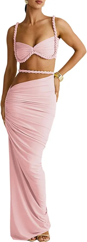 SHINFY Womens Summer Two Piece Maxi Skirt Sets Sexy Corset Top Ruched Long Skirt Beach Dress 2 Piece Club Outfits