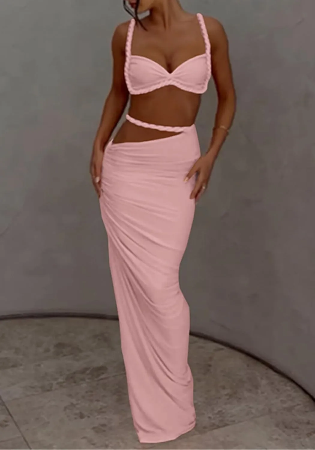 SHINFY Womens Summer Two Piece Maxi Skirt Sets Sexy Corset Top Ruched Long Skirt Beach Dress 2 Piece Club Outfits