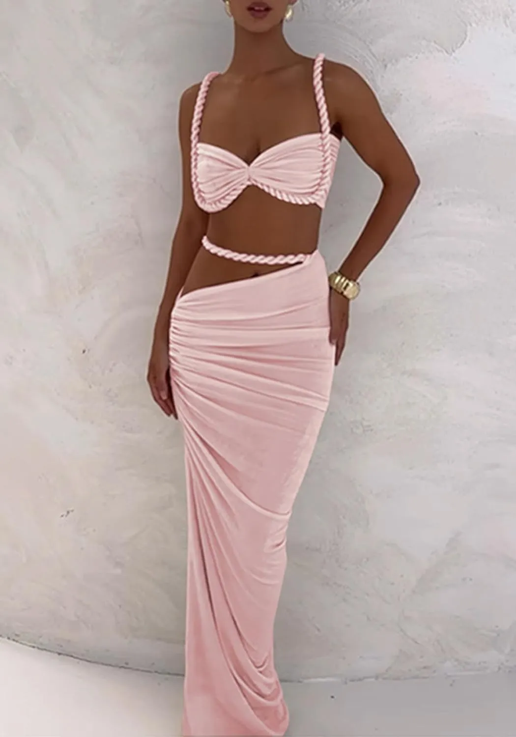 SHINFY Womens Summer Two Piece Maxi Skirt Sets Sexy Corset Top Ruched Long Skirt Beach Dress 2 Piece Club Outfits