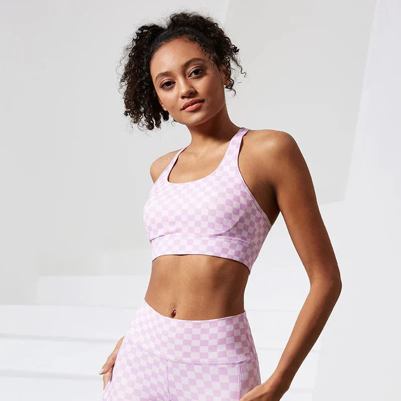 Shockproof Women Stretchy Plaid Printing Nude Feeling Nylon Ladies Sports Bra