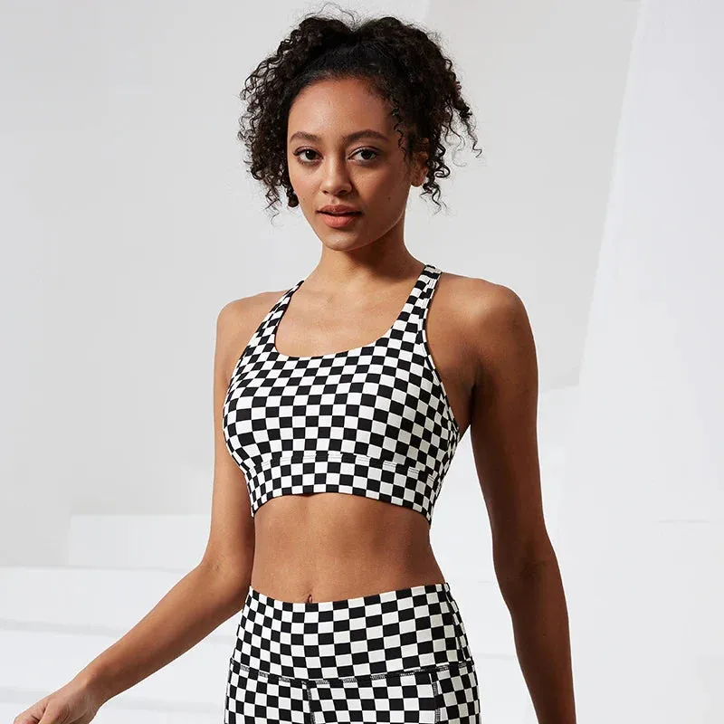 Shockproof Women Stretchy Plaid Printing Nude Feeling Nylon Ladies Sports Bra