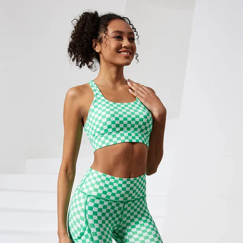 Shockproof Women Stretchy Plaid Printing Nude Feeling Nylon Ladies Sports Bra