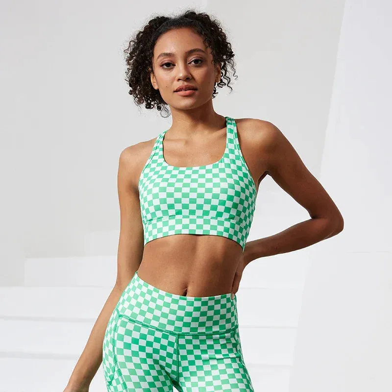 Shockproof Women Stretchy Plaid Printing Nude Feeling Nylon Ladies Sports Bra