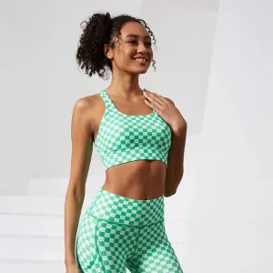 Shockproof Women Stretchy Plaid Printing Nude Feeling Nylon Ladies Sports Bra
