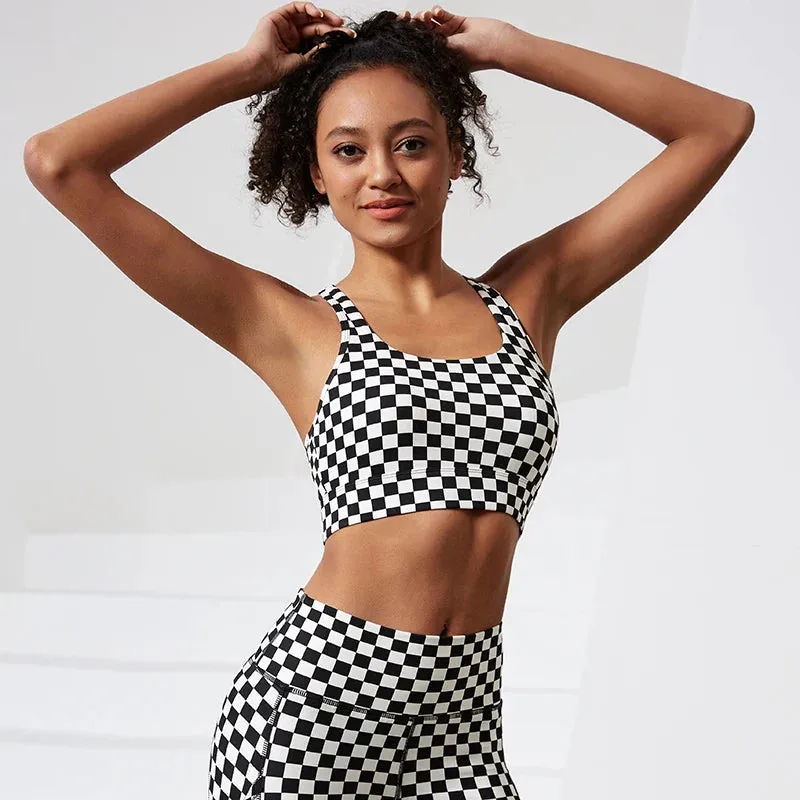 Shockproof Women Stretchy Plaid Printing Nude Feeling Nylon Ladies Sports Bra