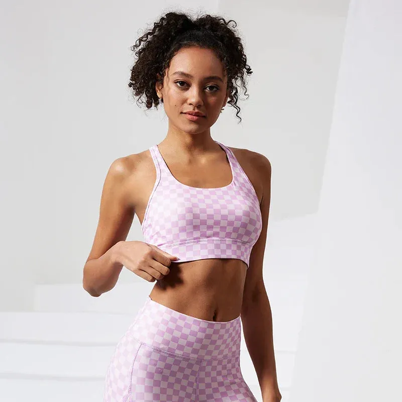 Shockproof Women Stretchy Plaid Printing Nude Feeling Nylon Ladies Sports Bra
