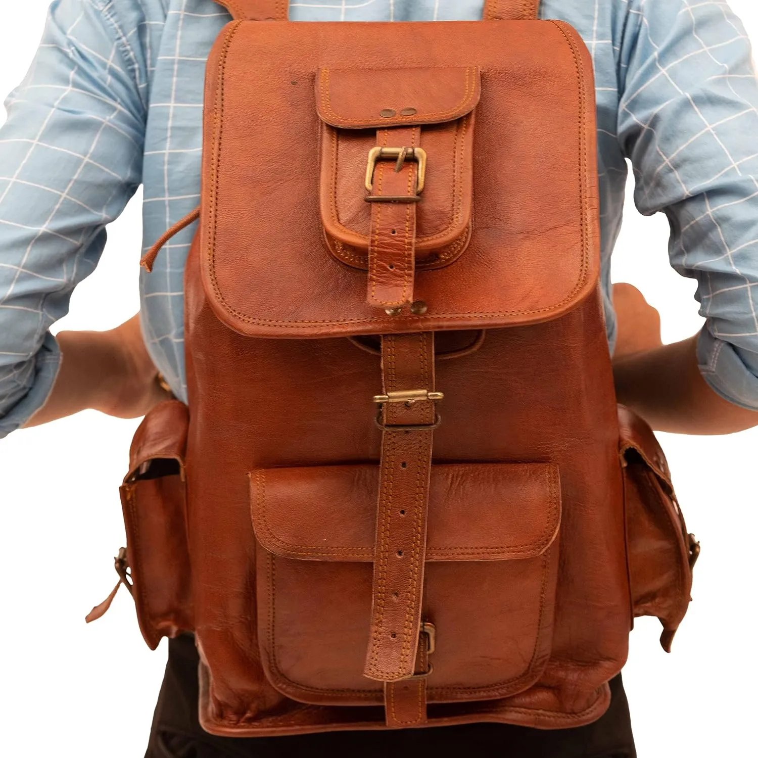 Shy Shy Let's Touch The Sky Rustic Vintage Leather Backpack Travel Rucksack knapsack Daypack Bag for Men Women Brown (22 inch)