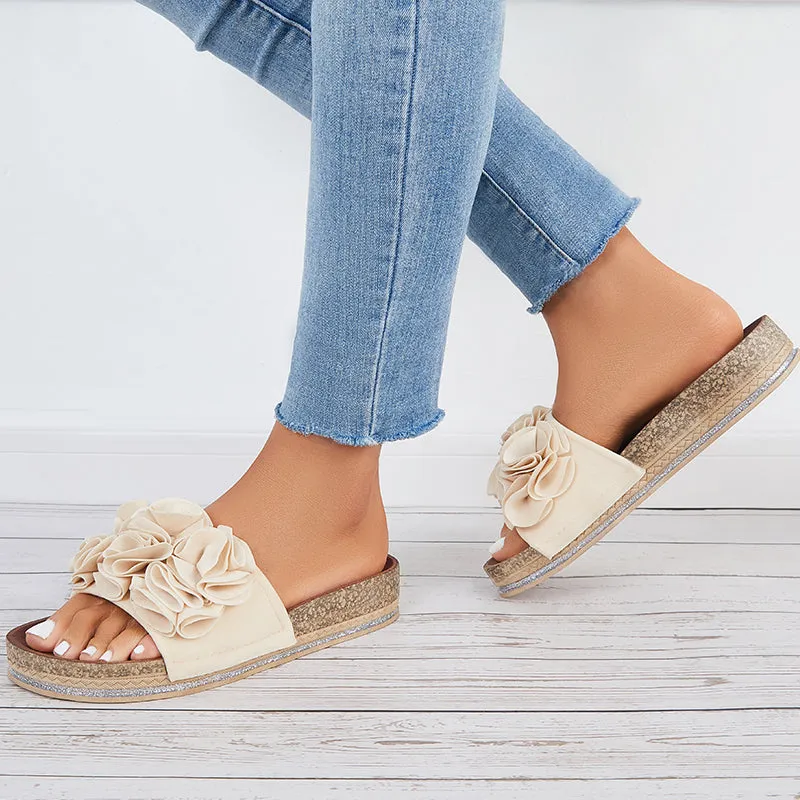 Sohiwoo  Women Flower Open Toe Cork Platform Slide Sandals Flat Slippers