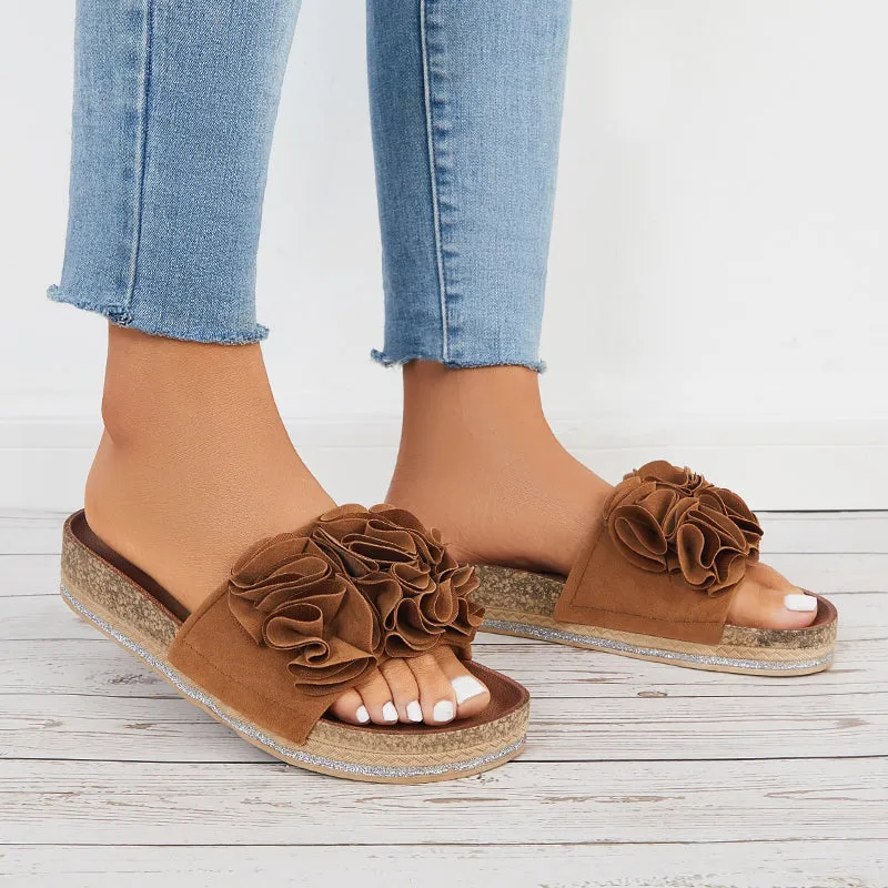 Sohiwoo  Women Flower Open Toe Cork Platform Slide Sandals Flat Slippers
