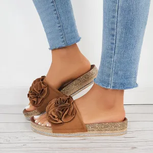 Sohiwoo  Women Flower Open Toe Cork Platform Slide Sandals Flat Slippers