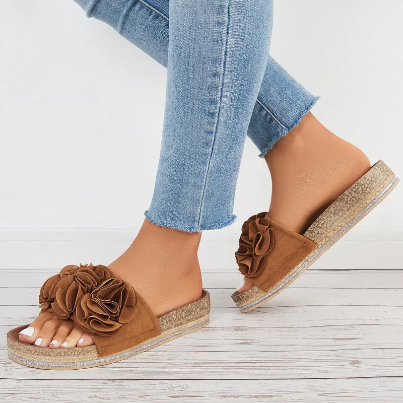 Sohiwoo  Women Flower Open Toe Cork Platform Slide Sandals Flat Slippers