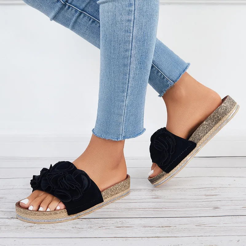 Sohiwoo  Women Flower Open Toe Cork Platform Slide Sandals Flat Slippers