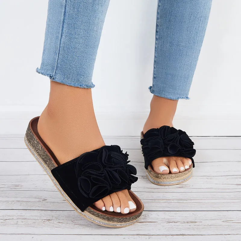Sohiwoo  Women Flower Open Toe Cork Platform Slide Sandals Flat Slippers