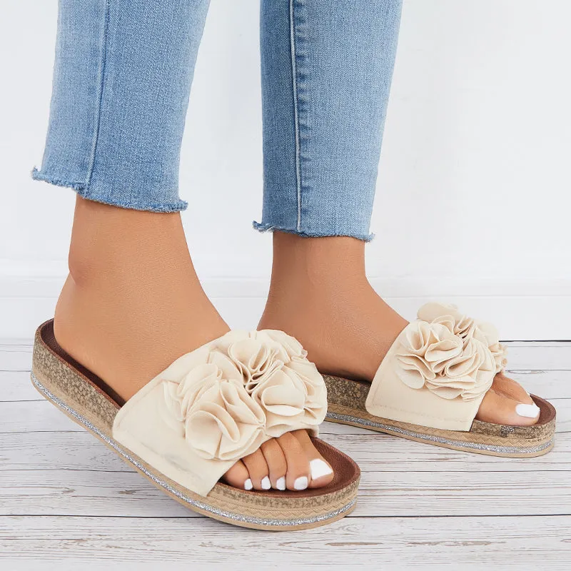 Sohiwoo  Women Flower Open Toe Cork Platform Slide Sandals Flat Slippers