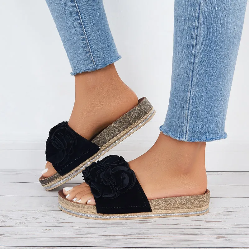Sohiwoo  Women Flower Open Toe Cork Platform Slide Sandals Flat Slippers
