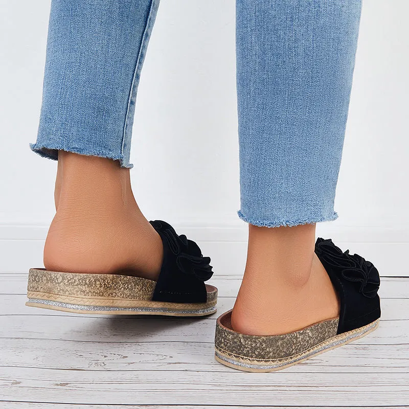 Sohiwoo  Women Flower Open Toe Cork Platform Slide Sandals Flat Slippers