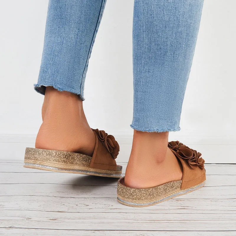 Sohiwoo  Women Flower Open Toe Cork Platform Slide Sandals Flat Slippers