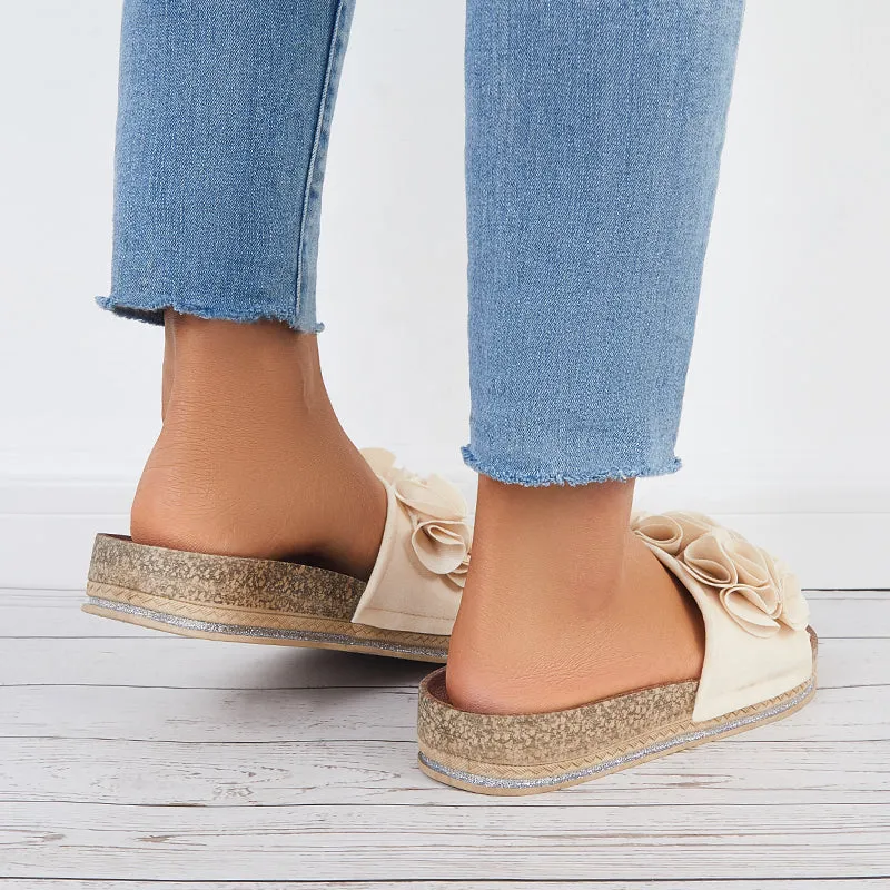 Sohiwoo  Women Flower Open Toe Cork Platform Slide Sandals Flat Slippers