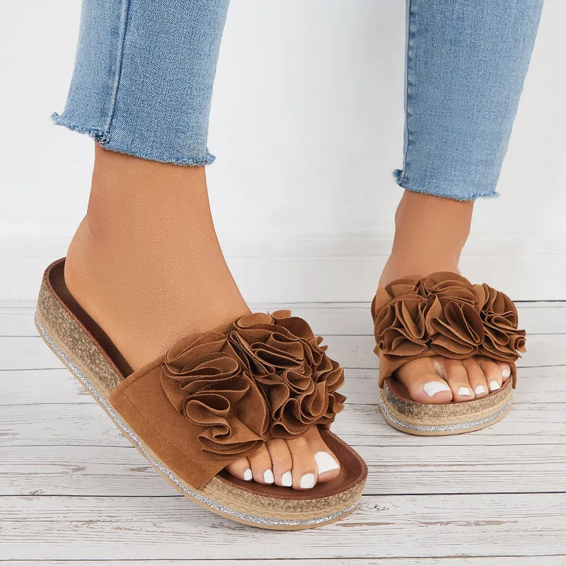 Sohiwoo  Women Flower Open Toe Cork Platform Slide Sandals Flat Slippers