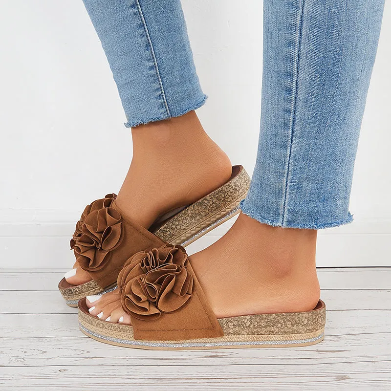 Sohiwoo  Women Flower Open Toe Cork Platform Slide Sandals Flat Slippers