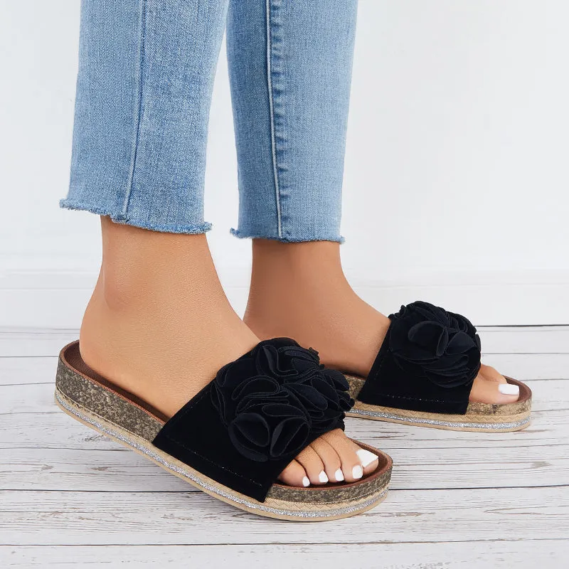 Sohiwoo  Women Flower Open Toe Cork Platform Slide Sandals Flat Slippers