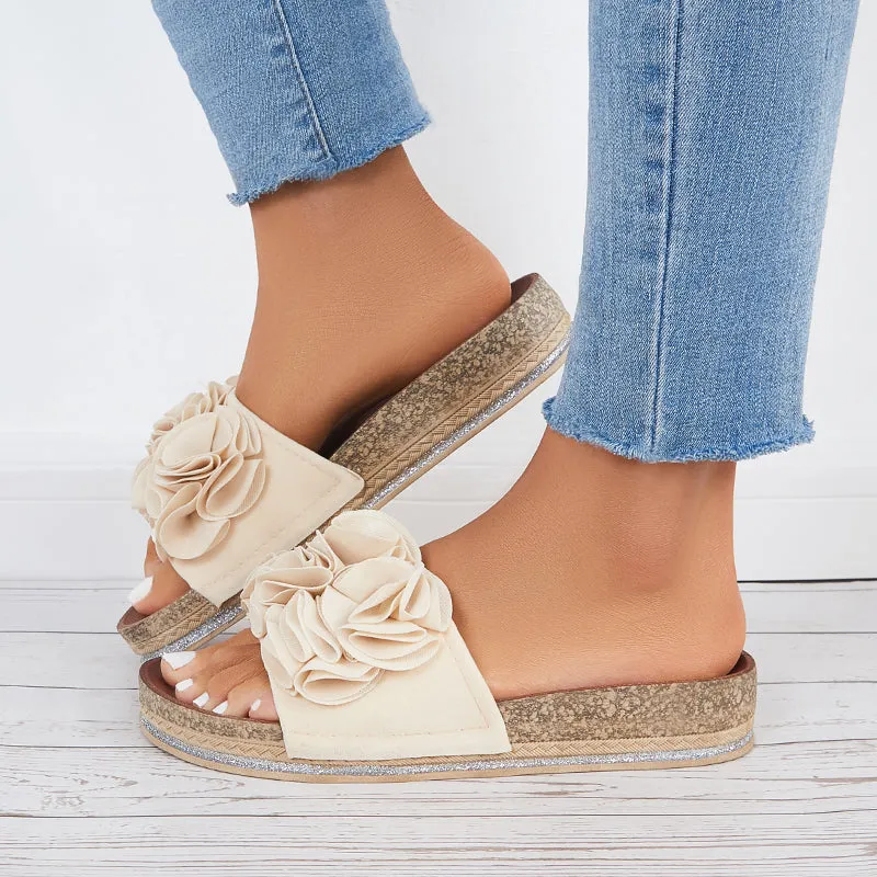Sohiwoo  Women Flower Open Toe Cork Platform Slide Sandals Flat Slippers