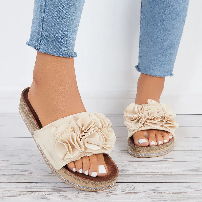 Sohiwoo  Women Flower Open Toe Cork Platform Slide Sandals Flat Slippers