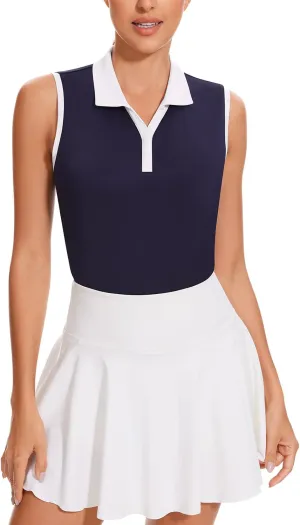 Soneven Women's Sleeveless Golf Shirts V Neck Button Golf Tank Tops Quick Dry Tennis Tops Pickleball Shirts