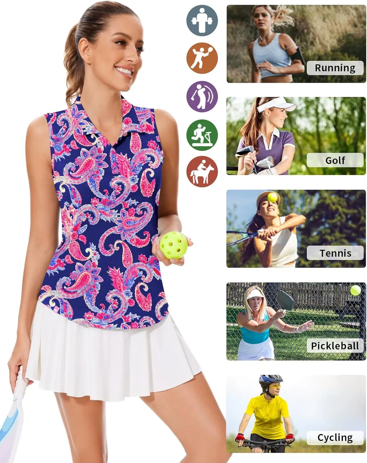Soneven Women's Sleeveless Golf Shirts V Neck Button Golf Tank Tops Quick Dry Tennis Tops Pickleball Shirts