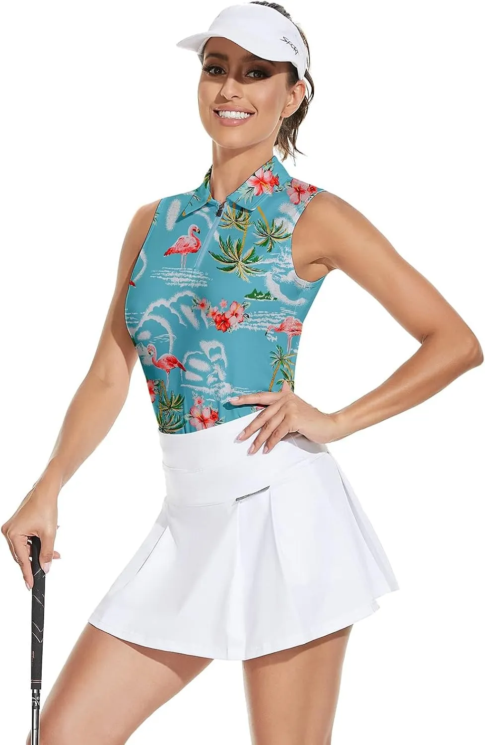 Soneven Women's Sleeveless Golf Top Floral Athletic Golf Wear Moisture Wicking Sleeveless Polo Quick Dry