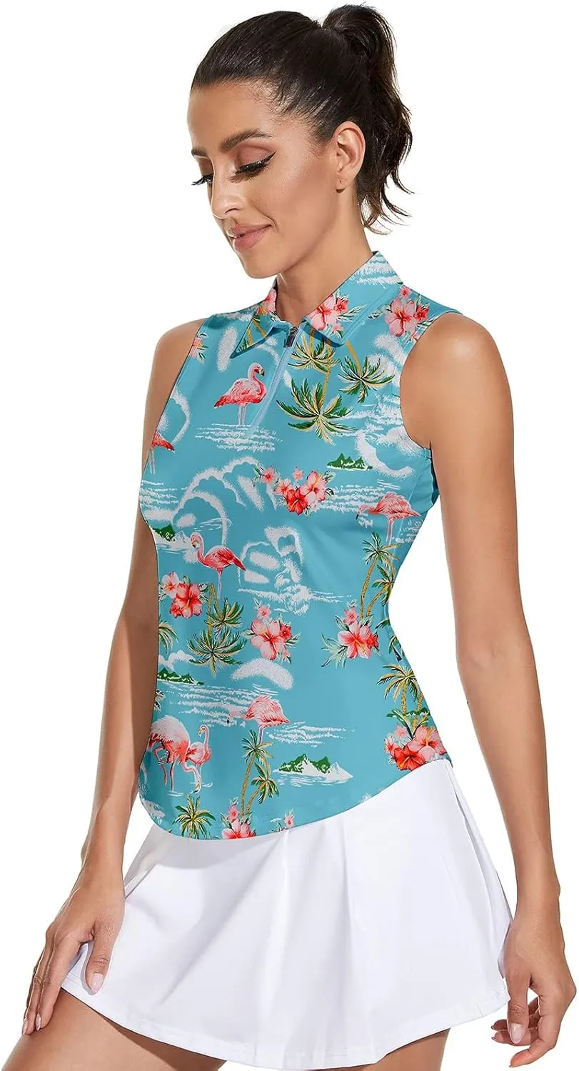 Soneven Women's Sleeveless Golf Top Floral Athletic Golf Wear Moisture Wicking Sleeveless Polo Quick Dry