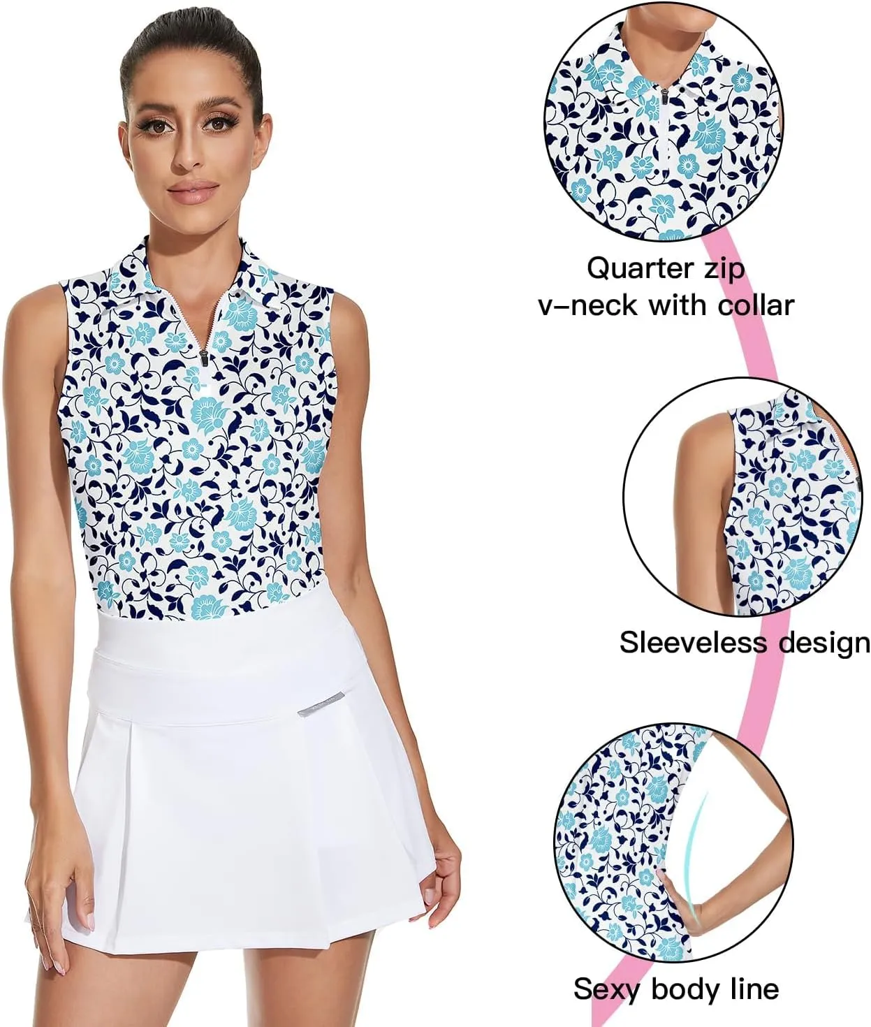 Soneven Women's Sleeveless Golf Top Floral Athletic Golf Wear Moisture Wicking Sleeveless Polo Quick Dry