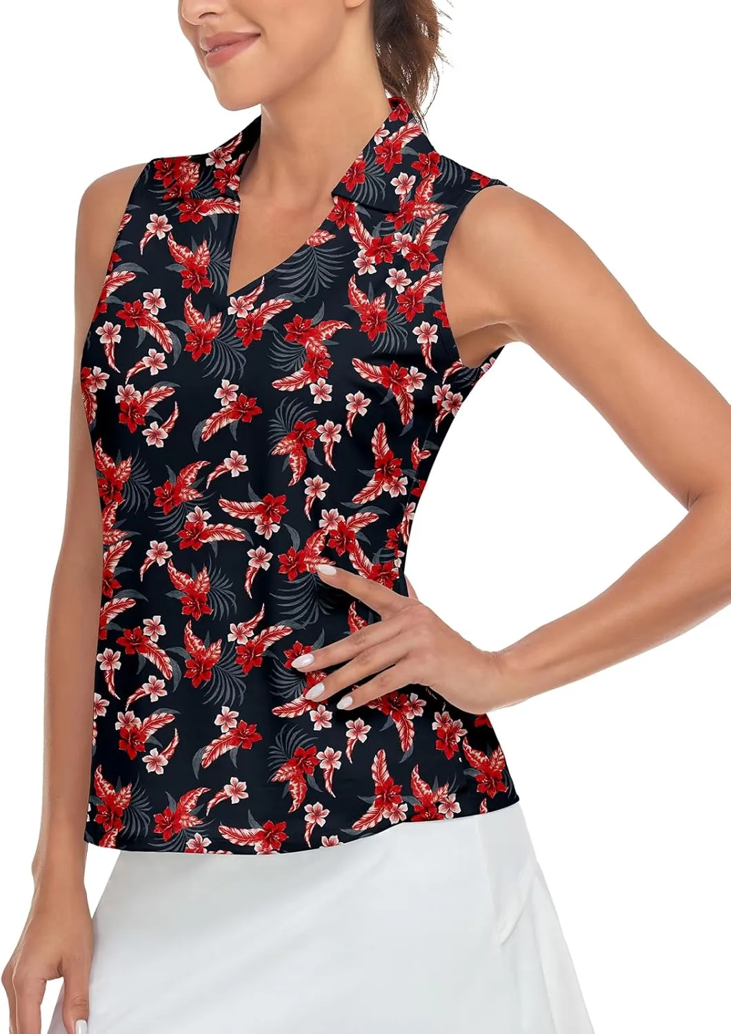 Soneven Women's Sleeveless Golf Top Floral Athletic Golf Wear Moisture Wicking Sleeveless Polo Quick Dry