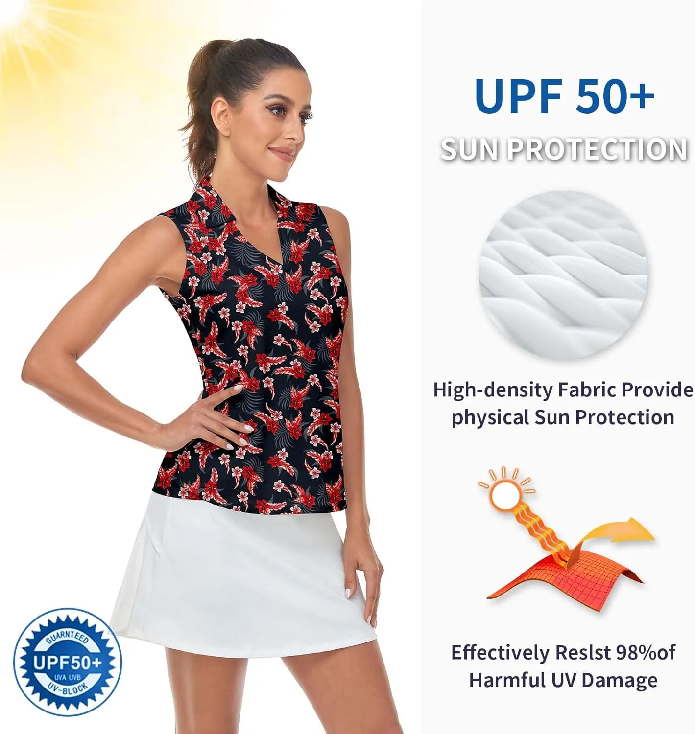 Soneven Women's Sleeveless Golf Top Floral Athletic Golf Wear Moisture Wicking Sleeveless Polo Quick Dry