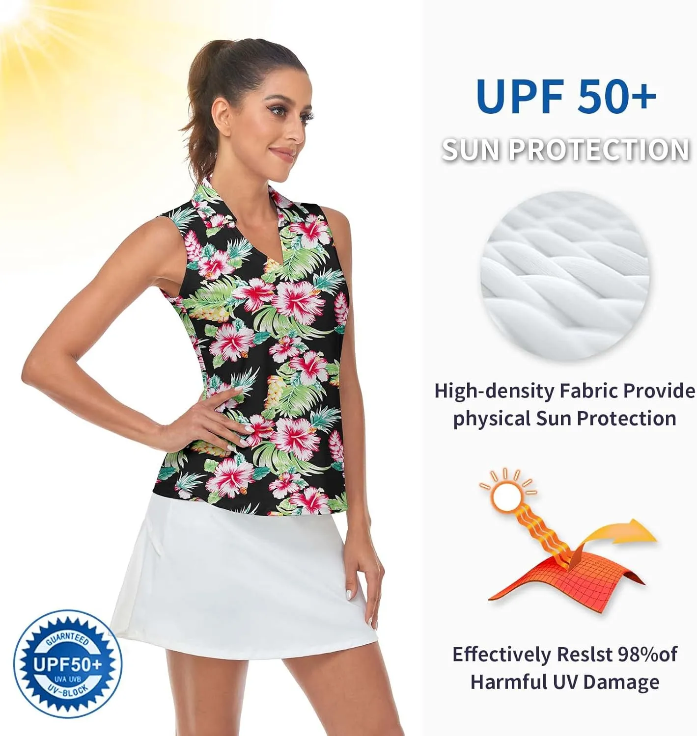Soneven Women's Sleeveless Golf Top Floral Athletic Golf Wear Moisture Wicking Sleeveless Polo Quick Dry