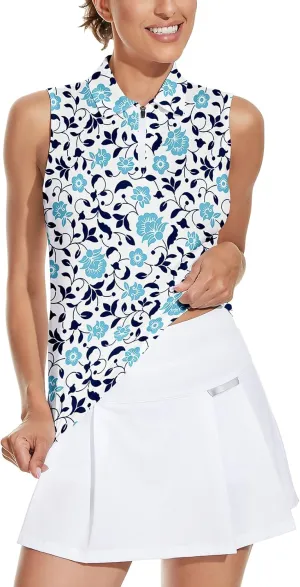 Soneven Women's Sleeveless Golf Top Floral Athletic Golf Wear Moisture Wicking Sleeveless Polo Quick Dry