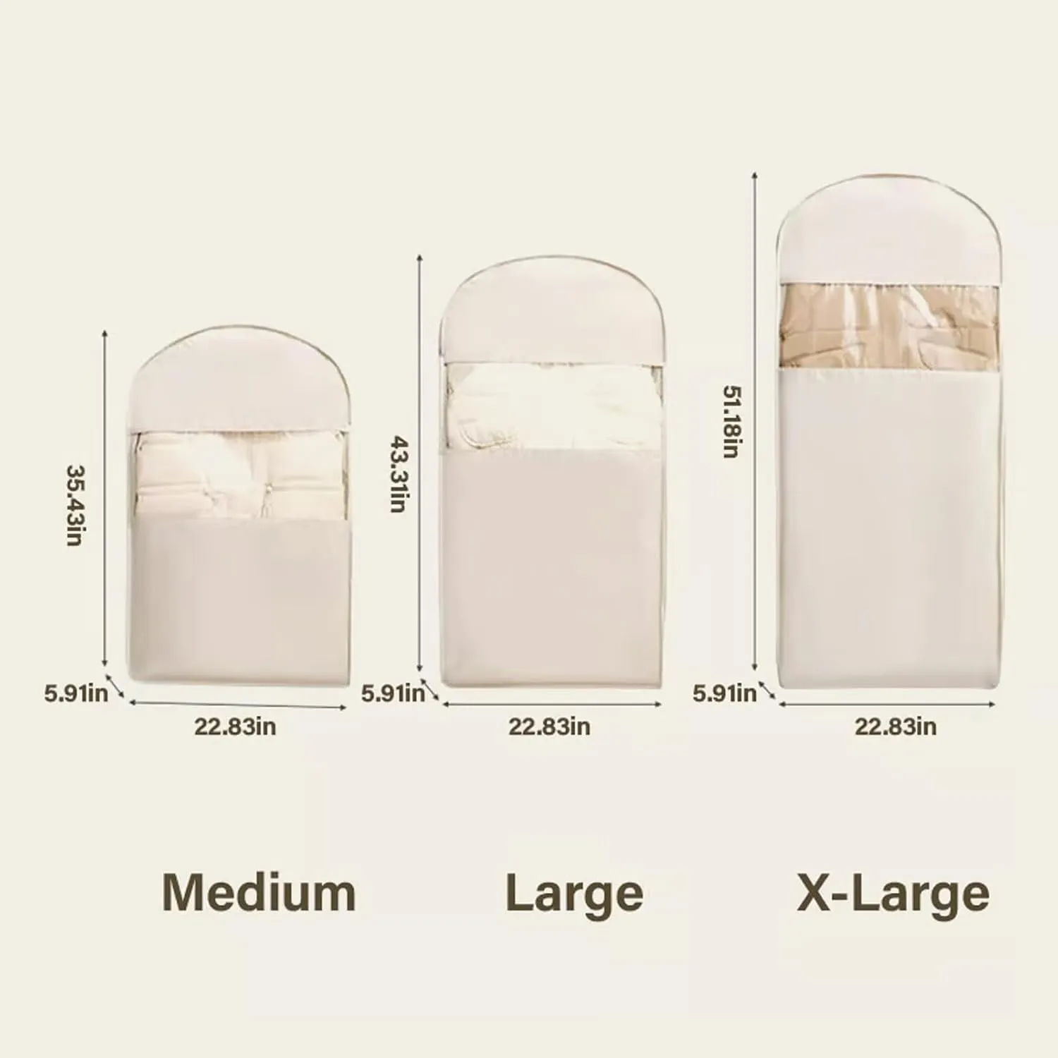 Space Saving Hanging Garment Bag, Space Saving Hanging Garment Bag with Self Compression Zipper, Dust Cover Clothes Bags for down Coat, Transparent Visibility (Beige, Medium)