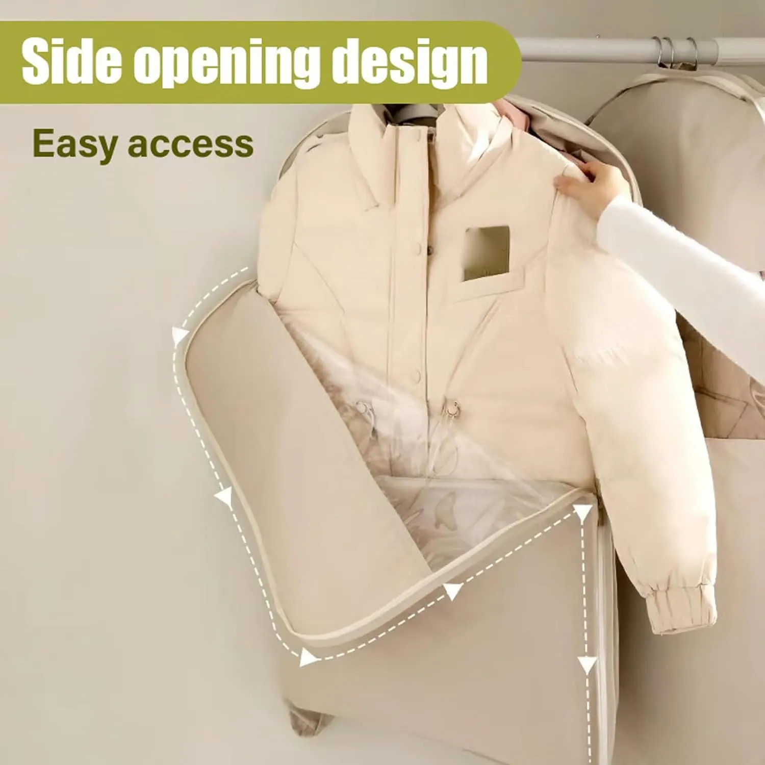 Space Saving Hanging Garment Bag, Space Saving Hanging Garment Bag with Self Compression Zipper, Dust Cover Clothes Bags for down Coat, Transparent Visibility (Beige, Medium)