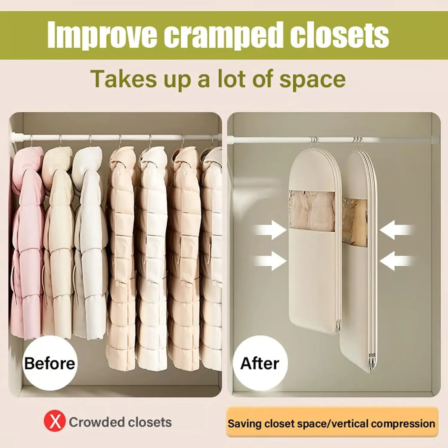 Space Saving Hanging Garment Bag, Space Saving Hanging Garment Bag with Self Compression Zipper, Dust Cover Clothes Bags for down Coat, Transparent Visibility (Beige, Medium)