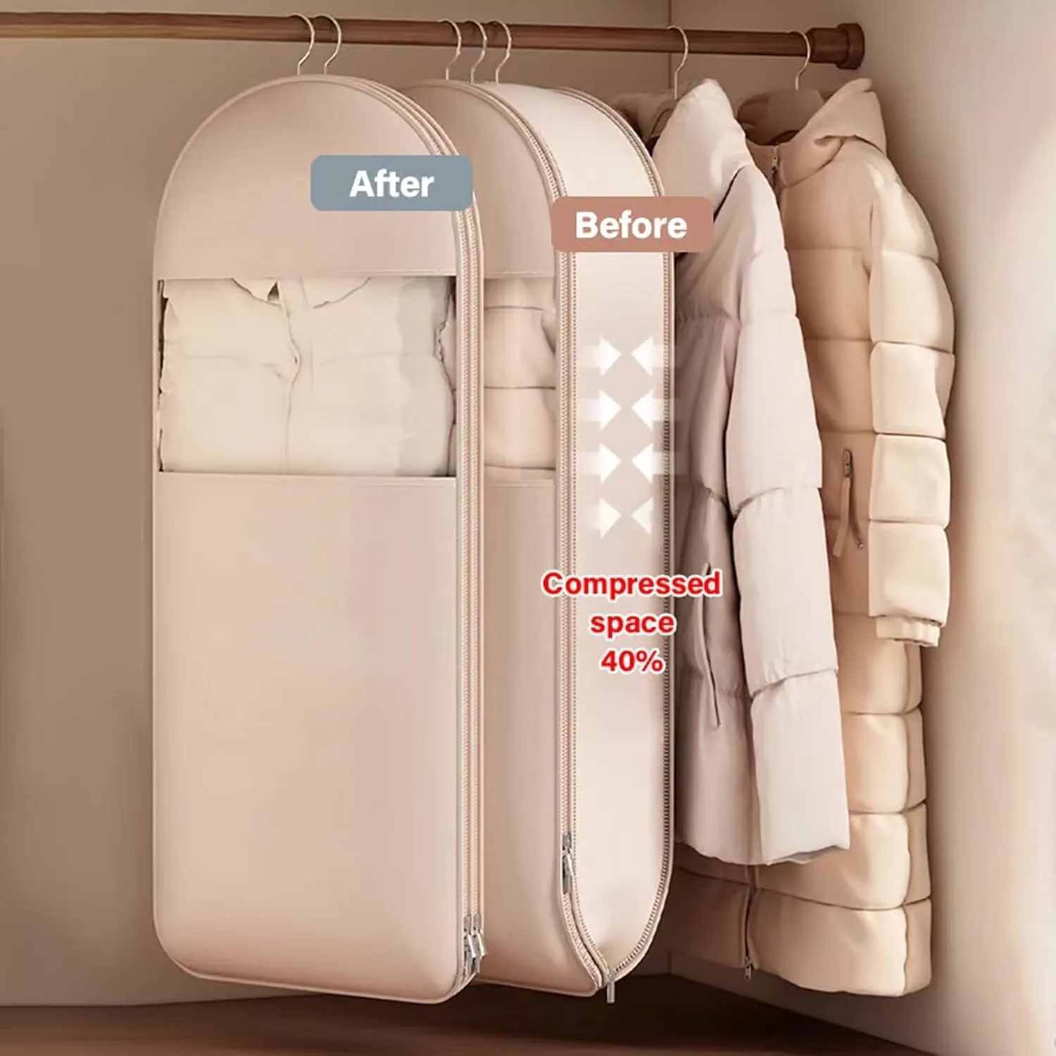 Space Saving Hanging Garment Bag, Space Saving Hanging Garment Bag with Self Compression Zipper, Dust Cover Clothes Bags for down Coat, Transparent Visibility (Beige, Medium)