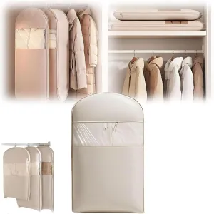 Space Saving Hanging Garment Bag, Space Saving Hanging Garment Bag with Self Compression Zipper, Dust Cover Clothes Bags for down Coat, Transparent Visibility (Beige, Medium)