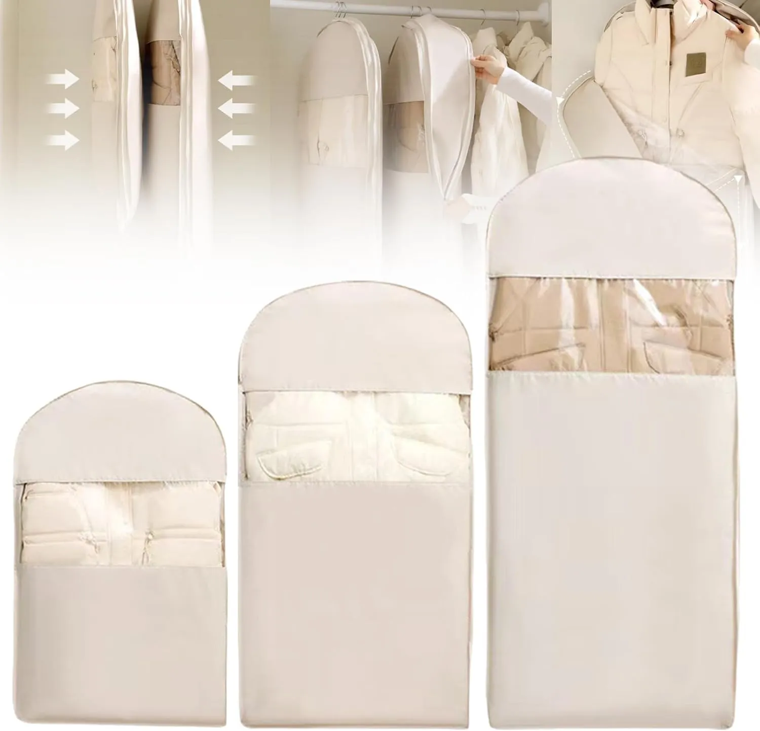 Space Saving Hanging Garment Bag with Self Compression Zipper, Closet Organizer for Down Jacket Suit Coat, Dustproof Waterproof Cover (Beige, M L XL)